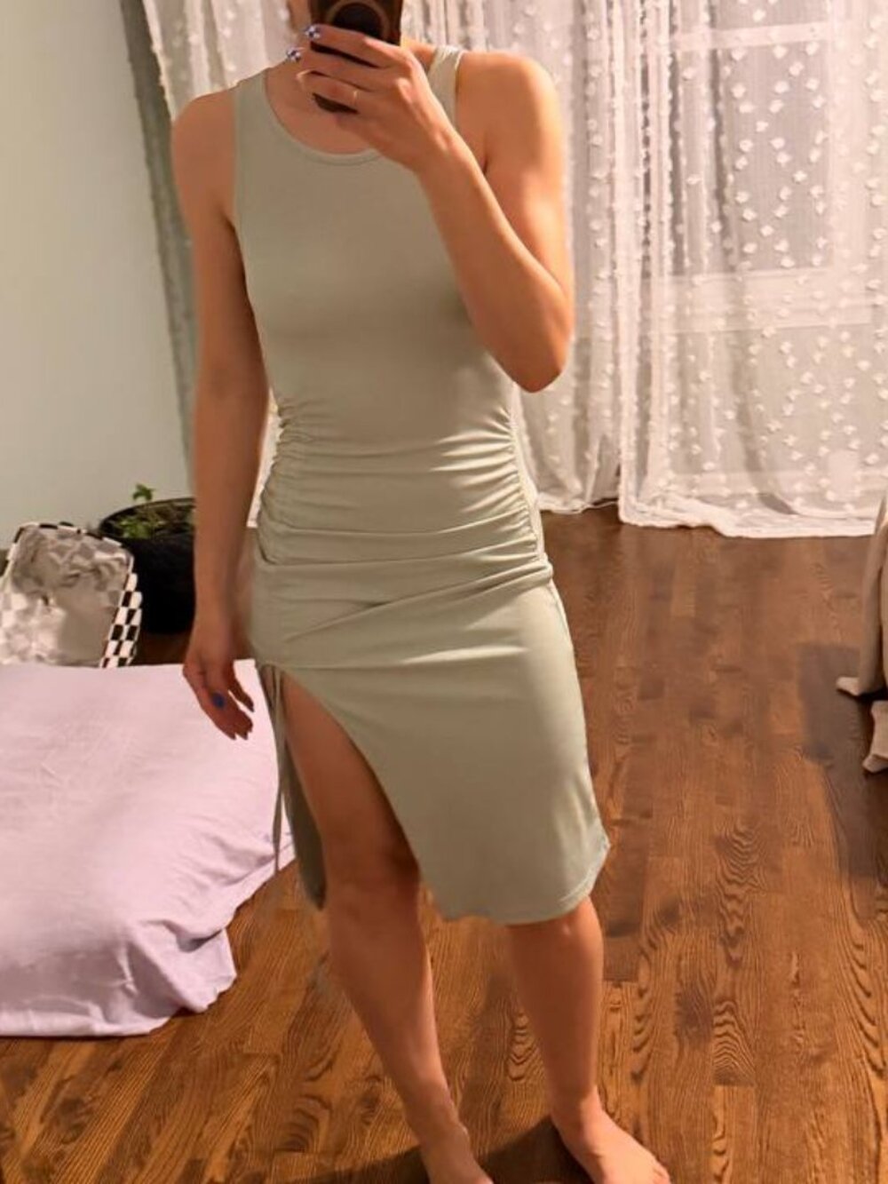 Sage Green Ruched Bodycon Dress with Side Slit